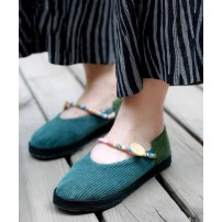 Green Flat Feet Shoes Cotton Fabric Elegant Buckle Strap Flat Shoes