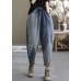 Art Blue Elastic Waist Pockets Patchwork Striped Cotton Denim Harem Pants Fall