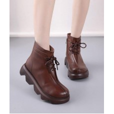 Brown Boots Platform Cowhide Leather Unique Platform Boots