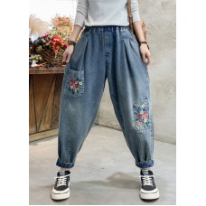 Beautiful Denim Blue Floral Embroideried Elastic Waist Pockets Cotton Harem Pants Summer