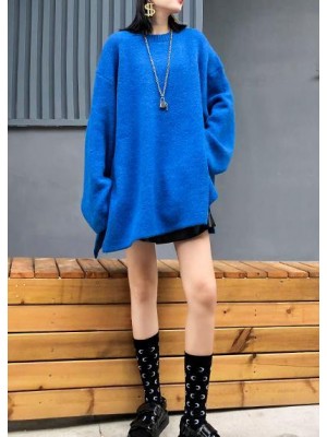 Fashion blue knitted pullover plus size clothing winter knit tops side open