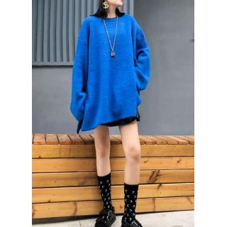 Fashion blue knitted pullover plus size clothing winter knit tops side open