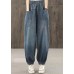 Plus Size Blue Elastic Waist Big Pockets Patchwork Cotton Denim harem Pants Summer