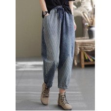 Art Blue Elastic Waist Pockets Patchwork Striped Cotton Denim Harem Pants Fall