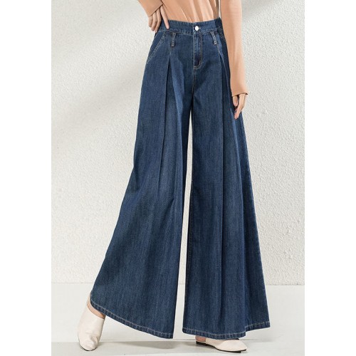 Handmade Navy High Waist Oversized Pockets Cotton Wide Leg Pants Fall